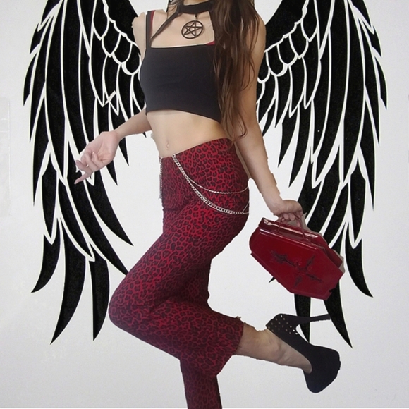 90s Red Cheatah Fitted Flare Pants - Picture 1 of 16